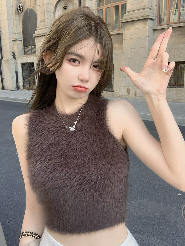 Mink Velvet Vest Women's Autumn and Winter Sexy Sleeveless Furry Short Top Soft Waxy Inner Plush Base Shirt