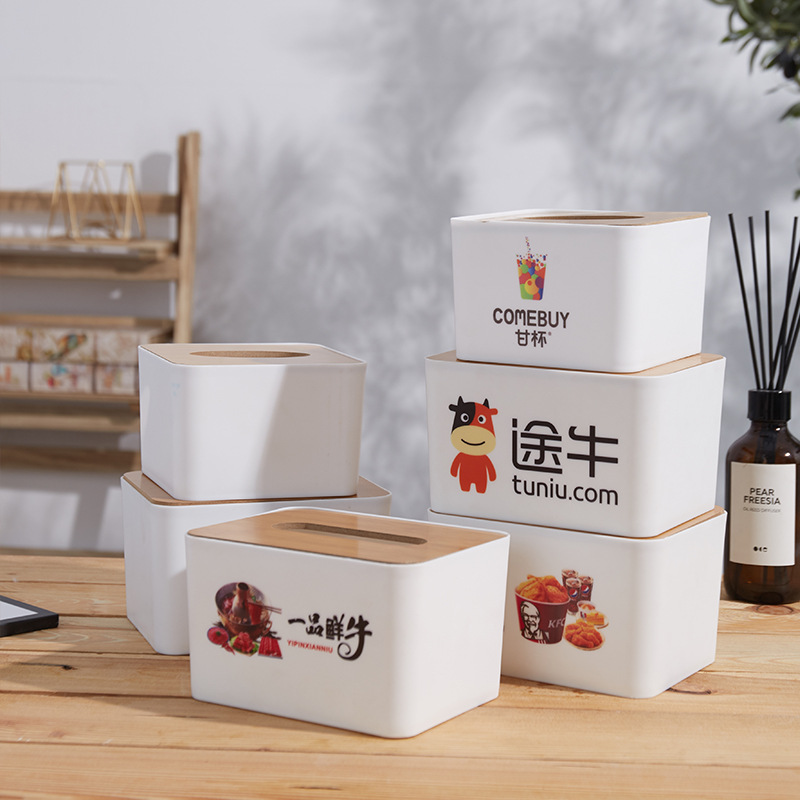 Square Wooden Cover Plastic Tissue Box Thickened Living Room Hotel Restaurant Tissue Paper Box Factory Manufacturer Printable Advertising