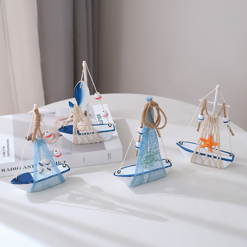Mediterranean mini sailboat model small wooden boat desktop decoration decoration photo props seaside tourist souvenir