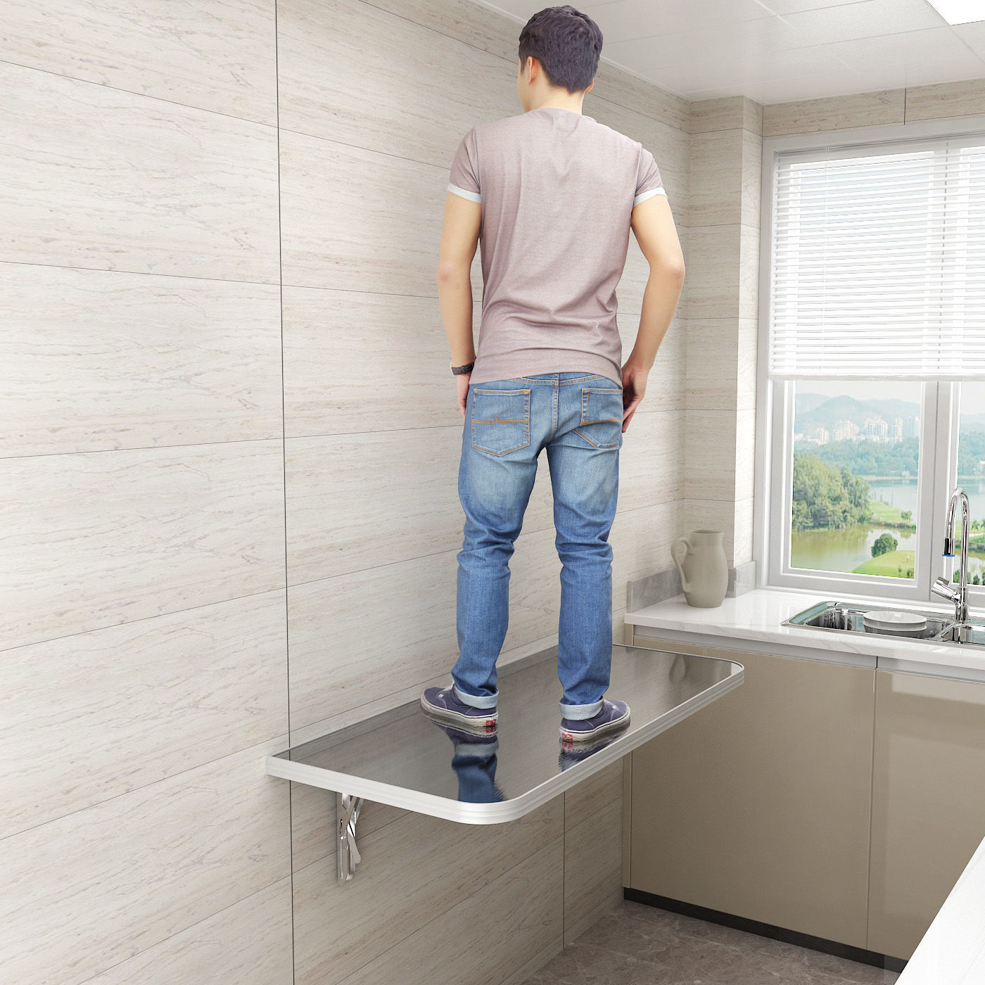 304 Stainless Steel Foldableing Table Wall Hanging Kitchen Foldableing Dining Table Invisible Workbench Household Punch-Free Wall Hanging Table