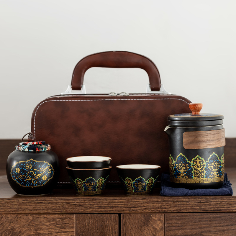 National Tide Flower Pile Travel Tea Set suit Portable One Pot Three Cups Quick Guest Cup Outdoor Activities Business Gift Accompanying Gift