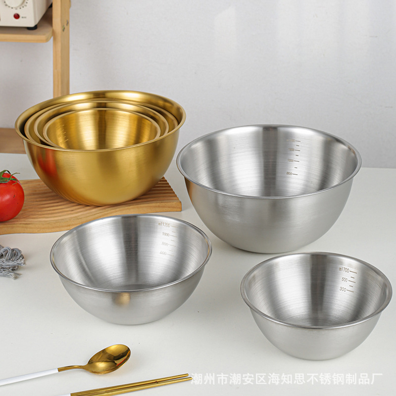 Stainless Steel Salad Bowl Egg Beating Bowl 304 Japanese Style with Scale Baking and Mixing Bowl Golden Bowl Cooking Bowl Mixing Bowl