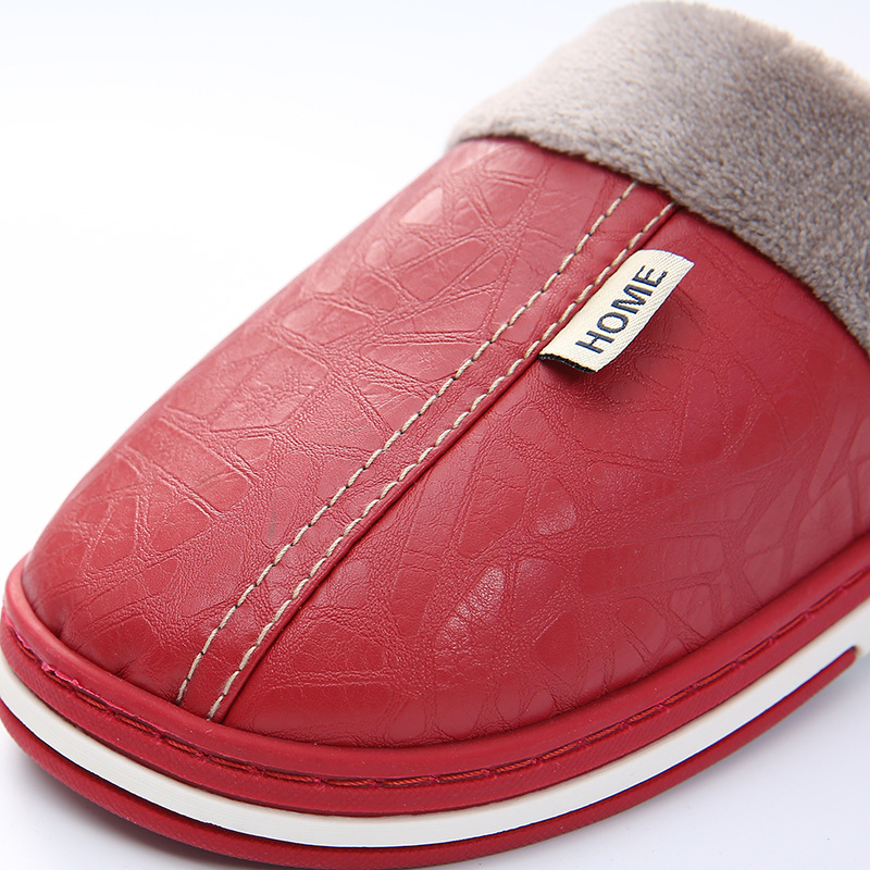 PU leather cotton slippers men's home waterproof thick bottom warm indoor couple winter home woolen slippers women's autumn and winter