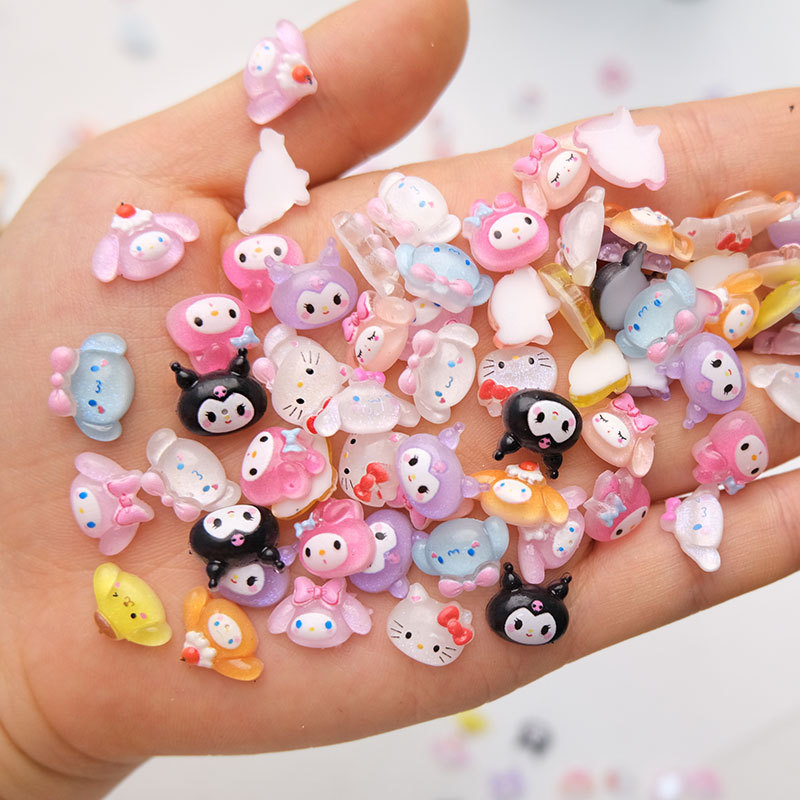 Cartoon Nail Art Accessories Kuromi Kt Cat Big-Eared Rabbit DIY Wearable Nail Studs Cream Glue Accessories Wholesale