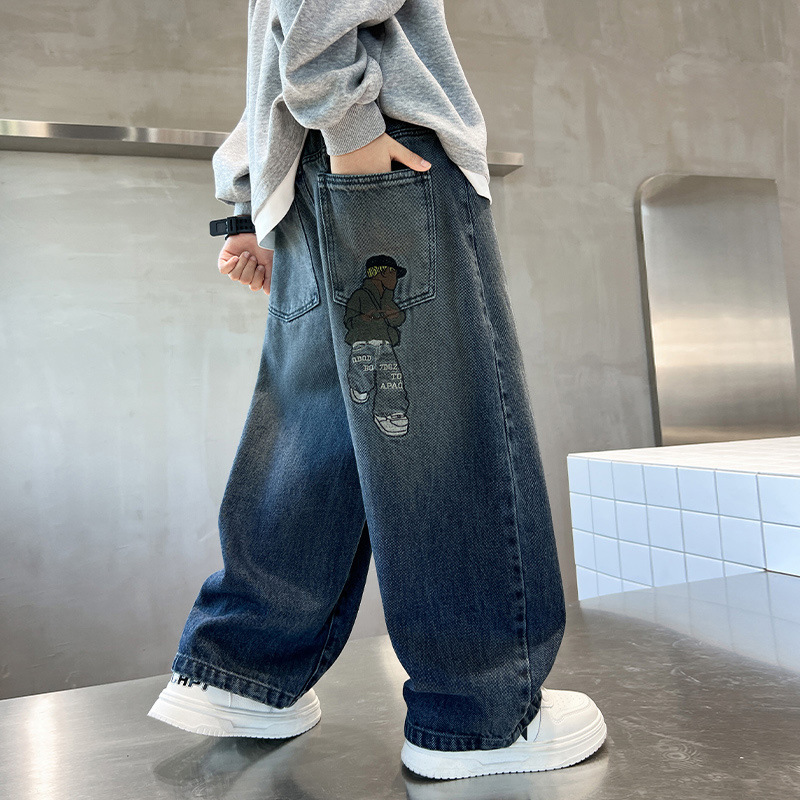 Мальчиковые джинсы весна-осень прямые брюки детские брюки для старших детей свободные повседневные широкие брюки