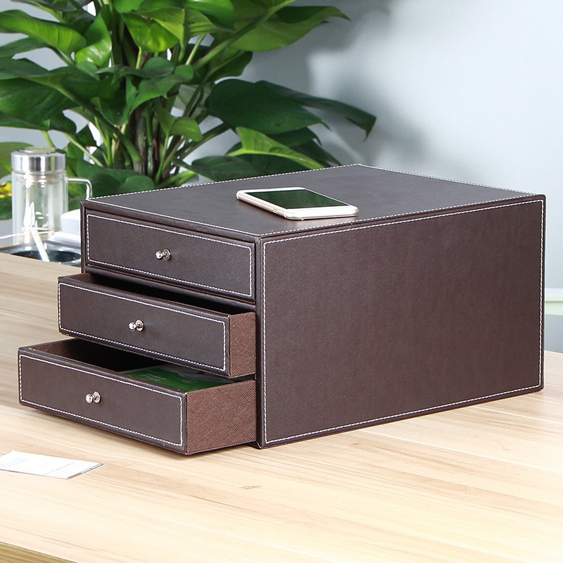 Creative Leather Storage Cabinet Bills Cabinet Organizer A4 Data Cabinet Leather Three-Layer Desktop Office Filing Cabinet
