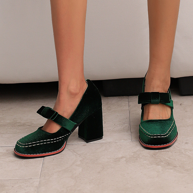 Gold Velvet Fabric Women's High Heels Square Toe Thick Heel High Heel Bow Slip-On Sweet Shoes for Women Cross-Border Aliexpress