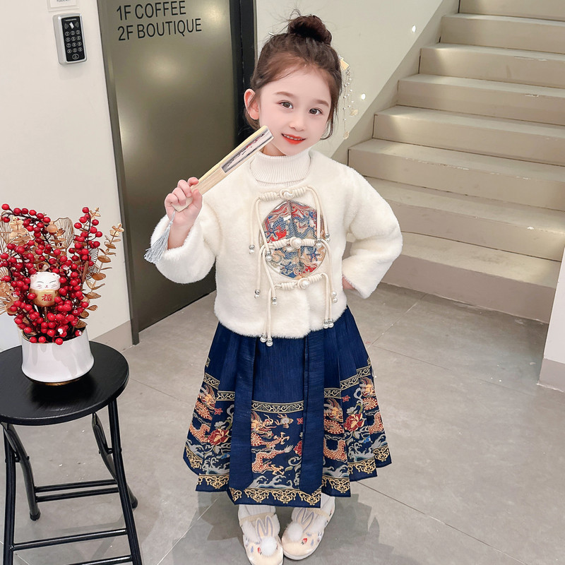 Girls' vest dress suit 2023 Winter long-sleeved children's Hanfu National style Tang suit New Year greeting clothes baby girl's ancient costume