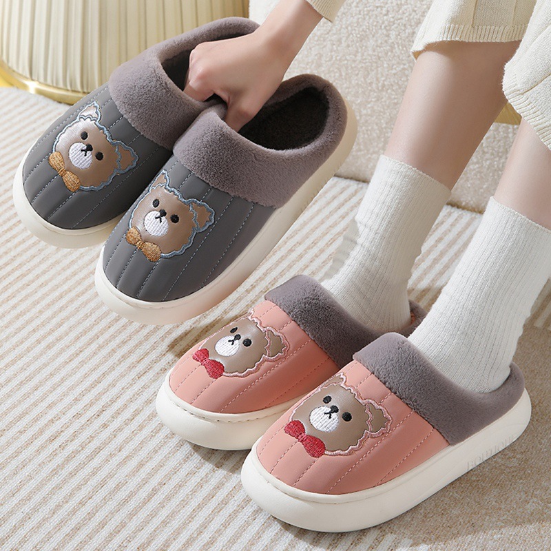 Cotton Slippers Women's Autumn and Winter PU Leather Waterproof Home Warm Non-slip Thickened Indoor Couple's New Maomao Slippers for Men