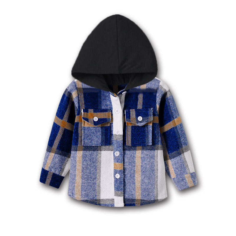 Spring New Children's Tops, Foreign Trade Unisex Hooded Long-Sleeve Brushed Plaid Shirt Jacket, Trendy Style for Older Children