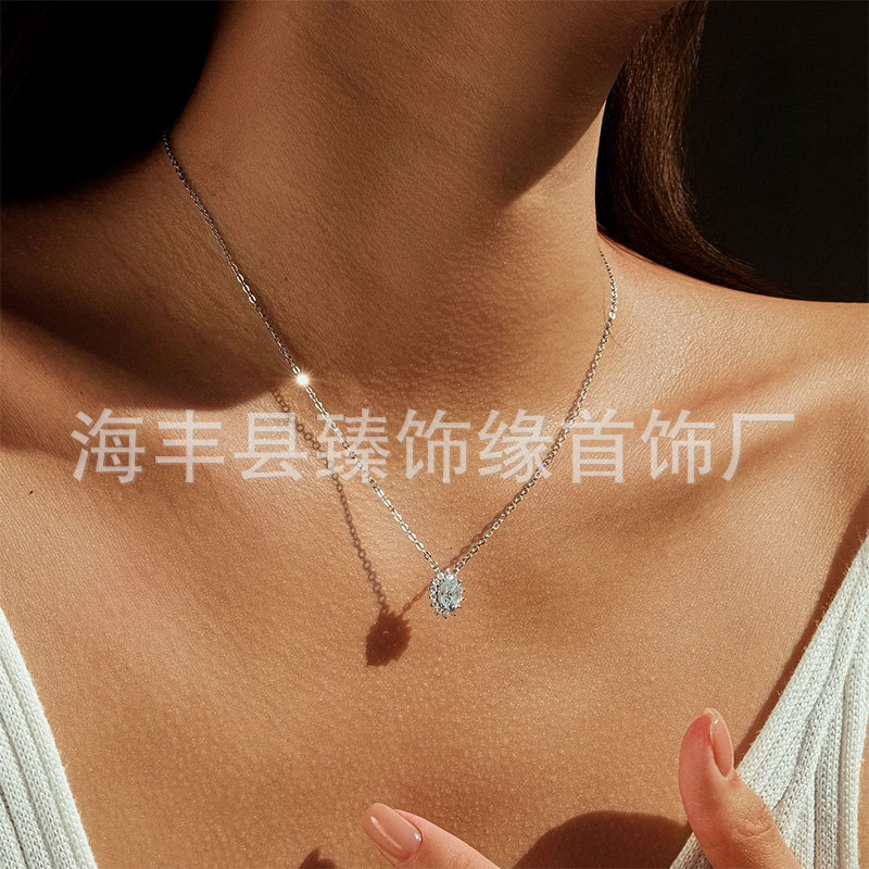 S925 Sterling Silver Sunflower Round Moissanite Necklace Women's 18K White Gold Plated 1 Carat Baby's Breath Pendant Clavicle Chain