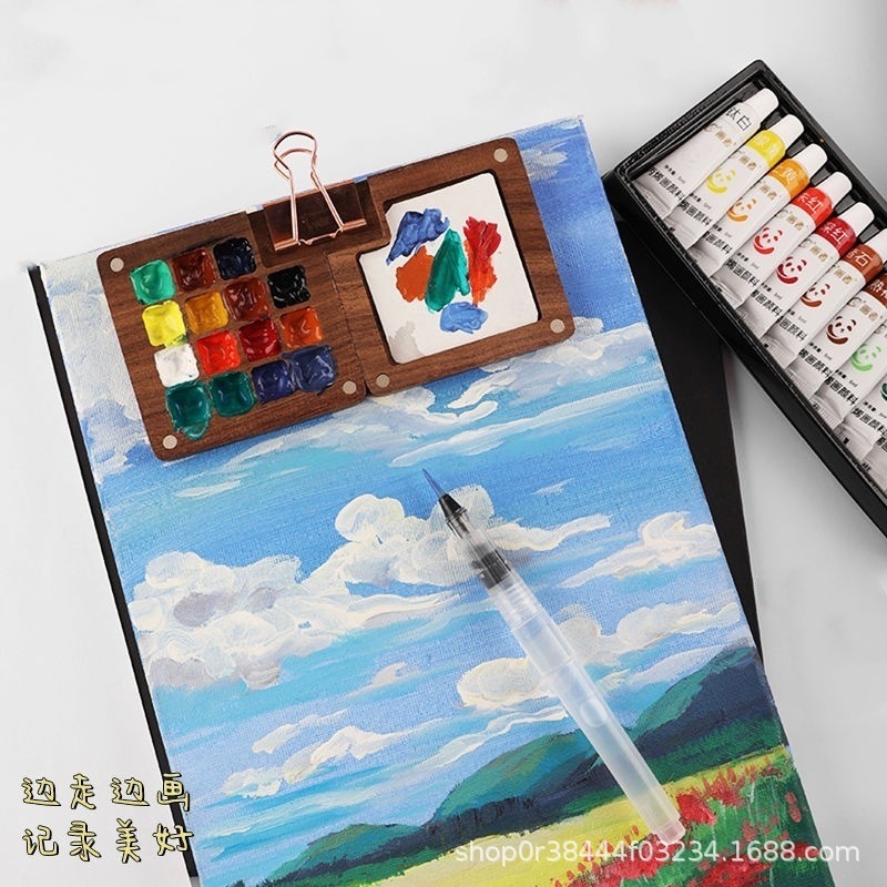 Black Walnut Mini Palette with Clip Student Watercolor Paint Storage Box Portable Palette Watercolor Box