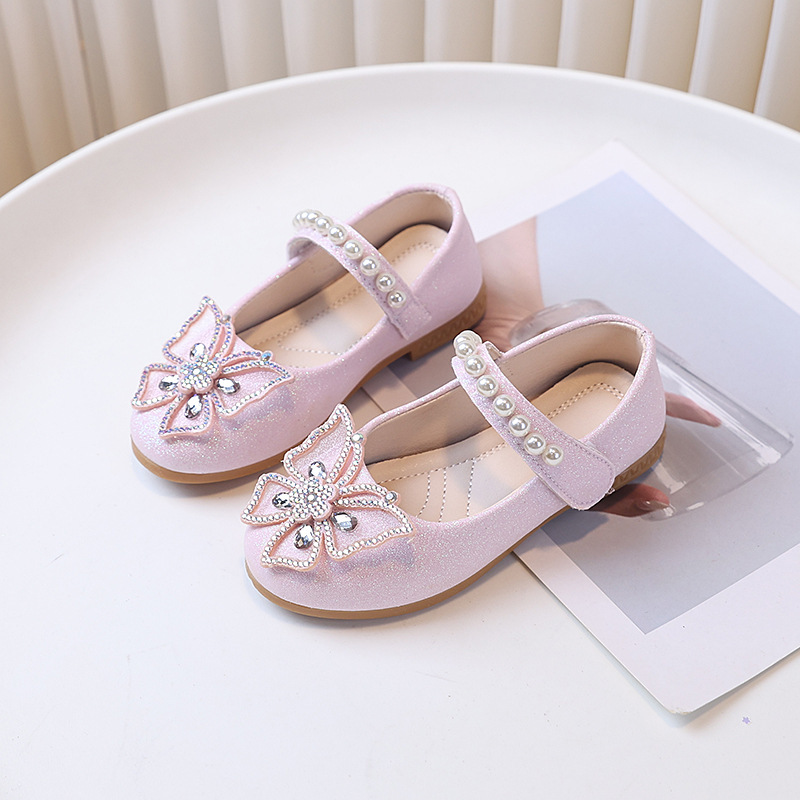 2025 Spring Cross-Border New Bow Pearl Leather Shoes Children's Single Shoes High-Looking Princess Shoes for Women