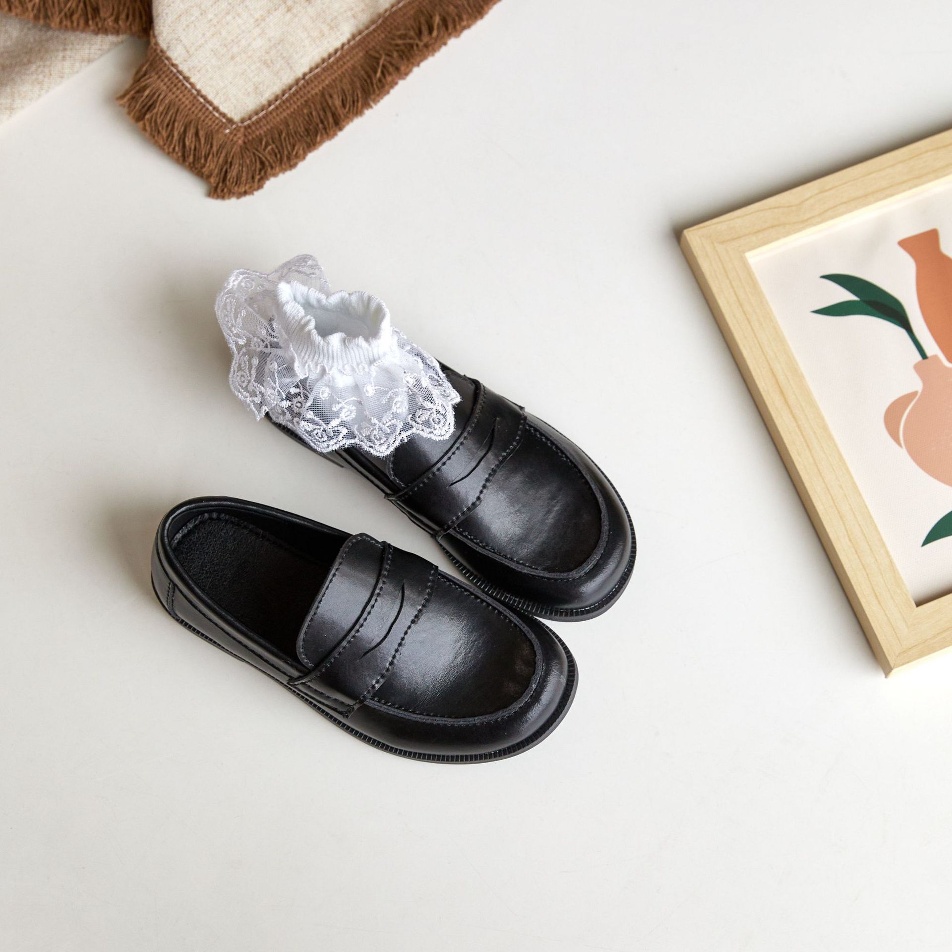 Small Size Autum New Chinese Style Genuine Leather Shoes British Style Br2516 Small Leather Shoes Japanese Style Loafers for Girls and Kidsren with Soft Soles