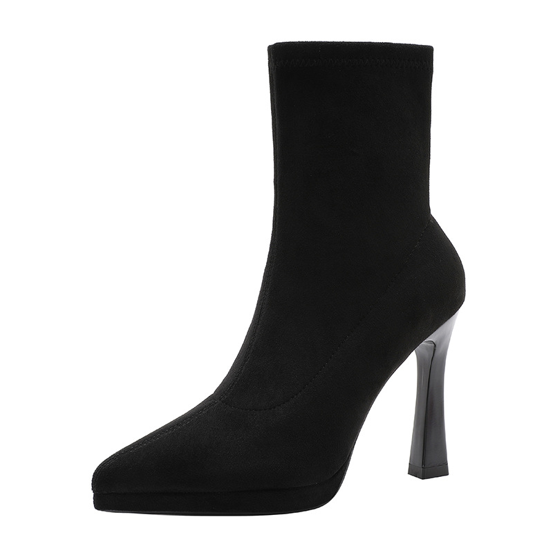 Black Elastic Slim Socks Boots 2026 New Waterproof Platform Mid-Tube Stiletto Pointed Toe Slim High-Heeled Short Boots for Women