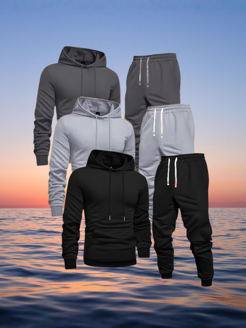 Cross-Border European Size 3-Piece Men's and Women's Sports Suit Pure Color Comfortable Hoodie and Jogging Pants Soft Breathable and Warm