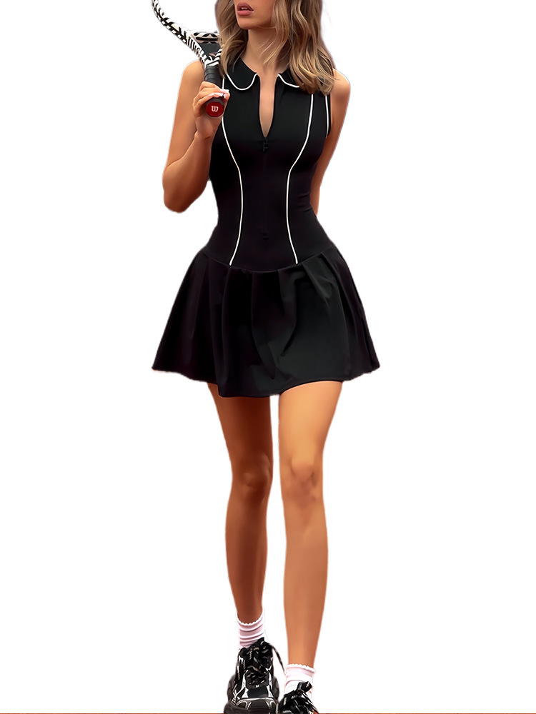 Cross-Border Fitness Running Slimming Tennis Skirt Sleeveless High Elastic Shaping Dress Lapel High Waist Solid Color Tennis Skirt