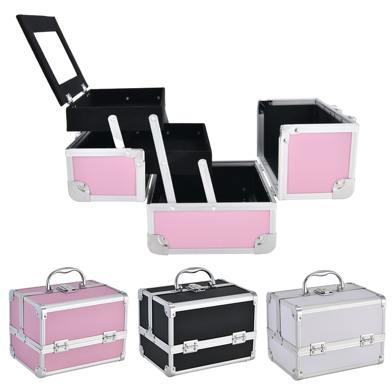Cosmetic Case Portable Aluminum Alloy Storage Case Large Capacity with Mirror Professional Makeup Follower Portable Multi-layer Small Toolbox
