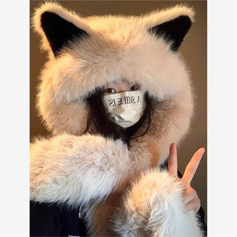 High-End Thick Plush Fox Ear Hat and Scarf All-In-One Women's Winter Warm and Cold-Proof Thick All-In-One Hat