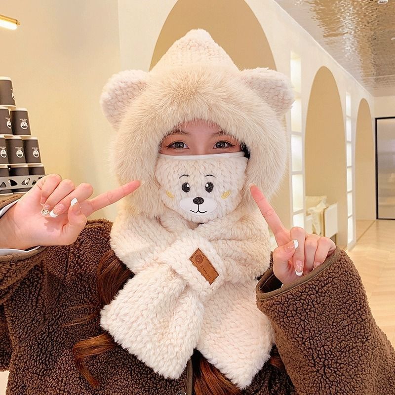 Hat and Scarf All-In-One Women's Autumn and Winter Bear Cold-Proof and Ear-Protecting Cute Plush Gloves and Masks Versatile Style