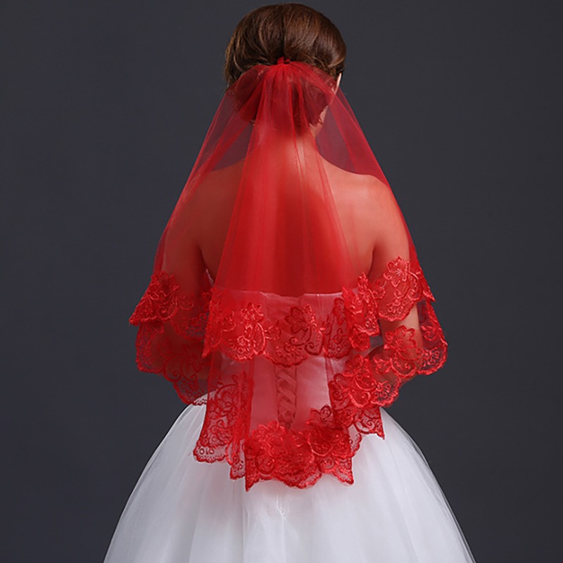 Wholesale Bridal Veil 1.5m Single Layer Lace Computer Embroidery Wedding Veil White Red Champagne