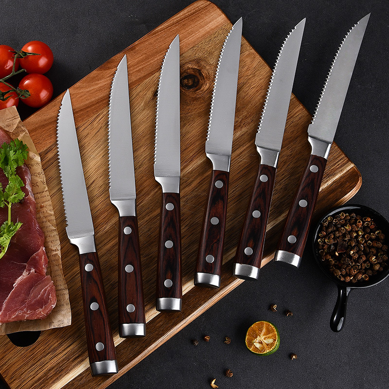 Foreign Trade Serrated Steak Knife, Cross-Border Western-Style Knife, Steak Cutting Knife, Colorful Wooden Handle Fruit Knife, Sharp Small Knife, Stainless Steel