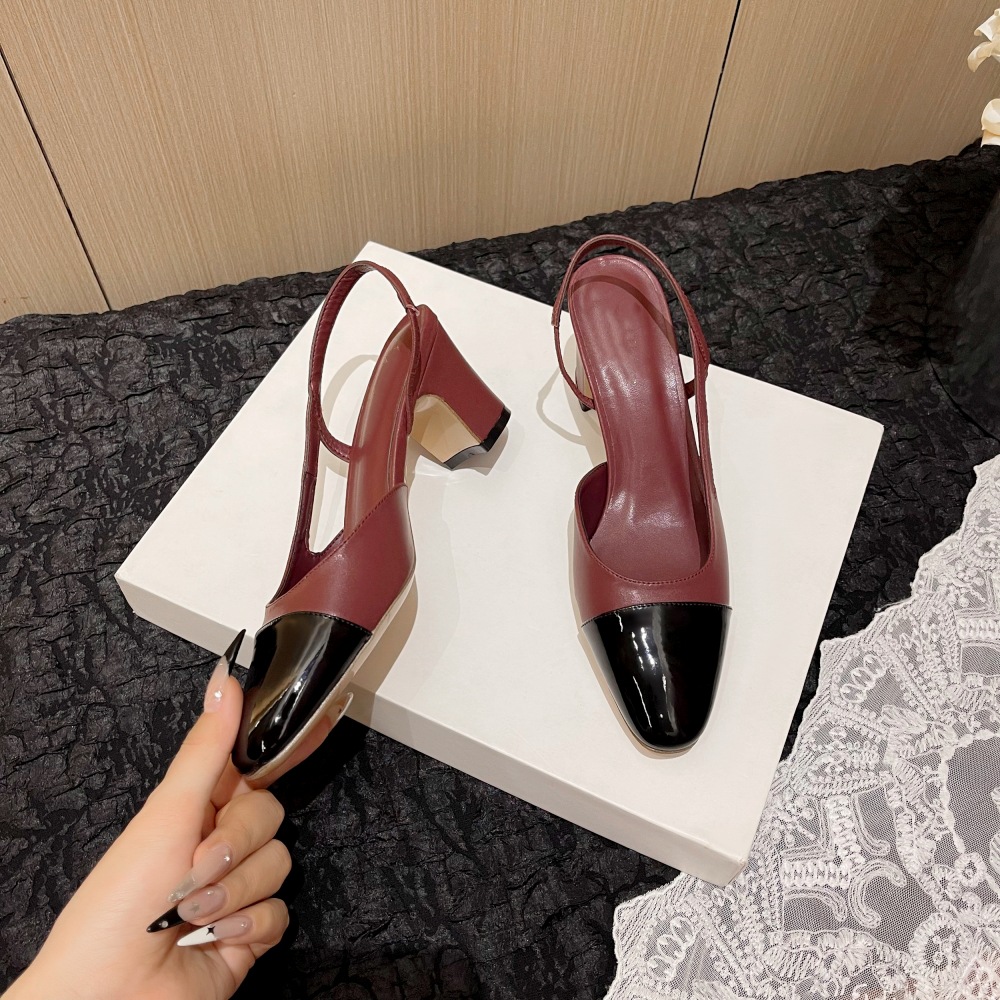 Burgundy Small Fragrant Style Thick Heel Single Shoes for Women with Back Strap Square Toe Color Matching Medium Heel Hollow Toe Sandals Versatile