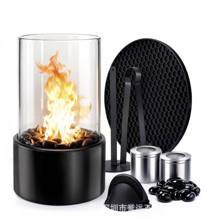 Creative Alcohol Fireplace Real Fire Glass Metal Black and White Stone Small Round Table Top Outdoor Atmosphere Decoration for Heating