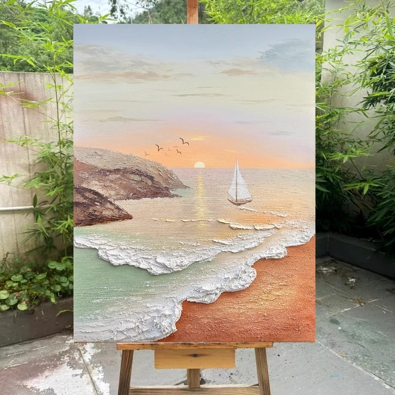 Ручная работа масляная картина весеннего прибрежного пейзажа в деревне Дафэнь, декоративная картина в кремовом стиле для гостиной, текстурное настенное искусство в стиле ваби-саби