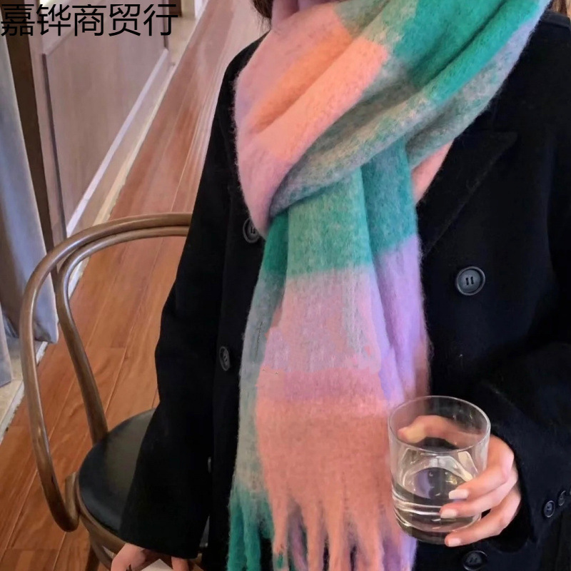Autumn and Winter New Thickened Warm Rainbow-Colored Plaid Scarf European and American Loop Yarn Thick Tassel Color-Blocking Shawl