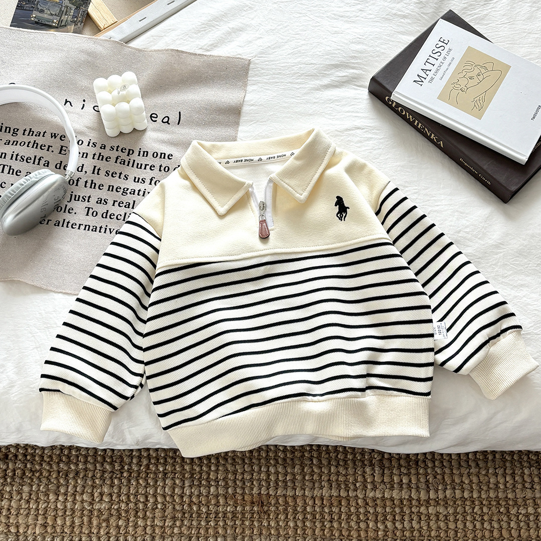 Sweatshirt 2025 Autumn Unisex Zipper Polo Collar Long-Sleeve Striped Patchwork Versatile Top for Toddlers and Kids