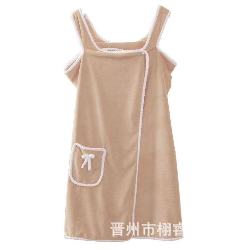 Coral Fleece Bath Skirt for Adults, Soft and Thick, Absorbent Bath Towel with Bow, Pocket, Short Sleeves, Can Be Worn as a Strapless Quick-Drying Bathrobe