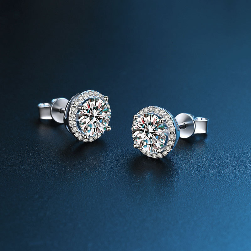 S925 sterling silver luxury round bag moissanite earrings women's high-end simple four-claw color diamond earrings in stock wholesale