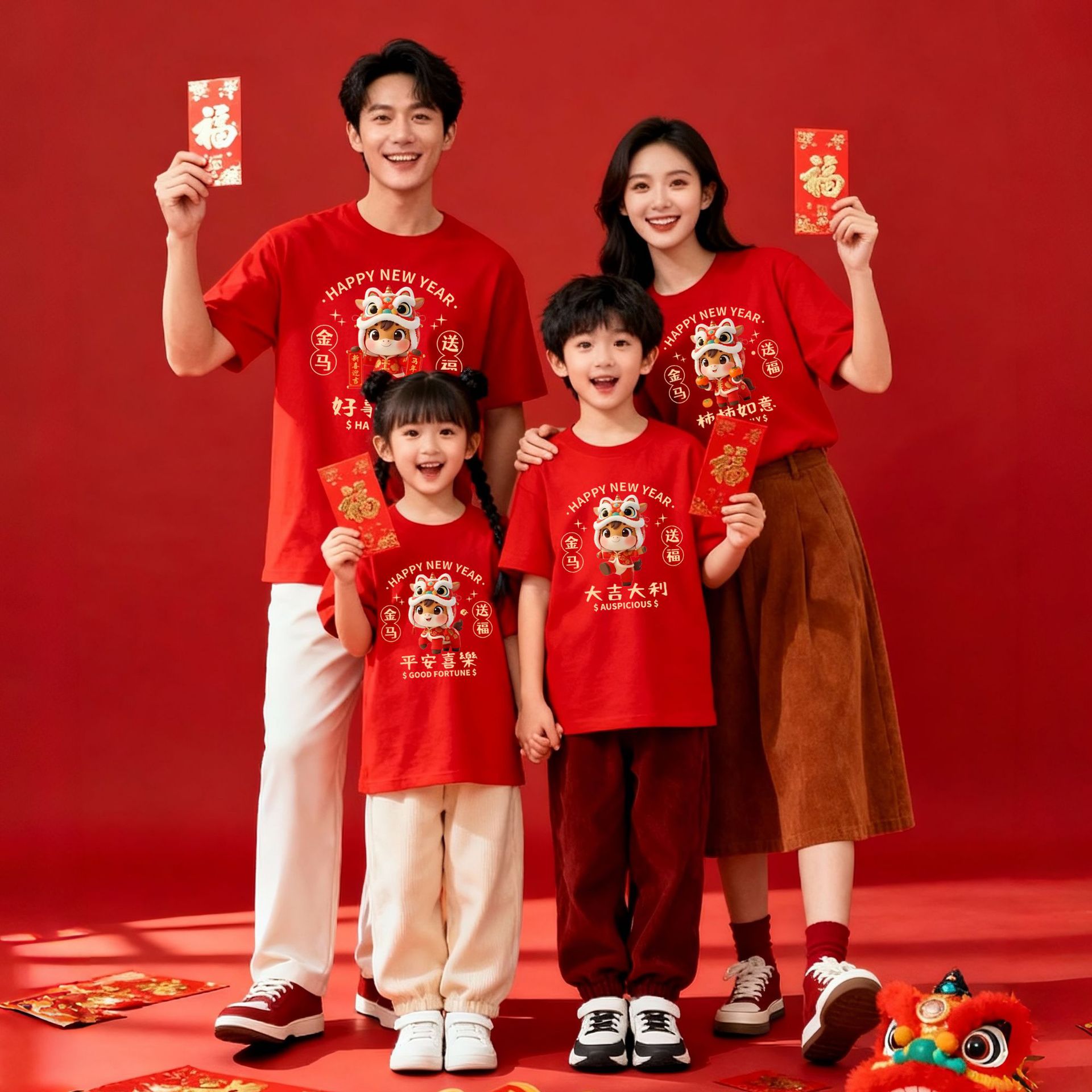 Серия 2026 года по знакам зодиака, красные футболки с коротким рукавом для родителей и детей, новогодняя одежда для детей, 100% хлопок, семейные наряды