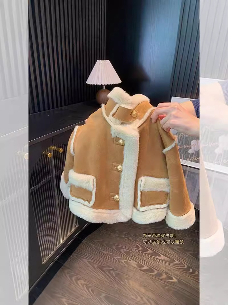 Girls' Fur-Lined Coat 2025 Autumn and Winter New Style Children's Fleece-Lined Thickened Winter Top for Toddlers and Young Children