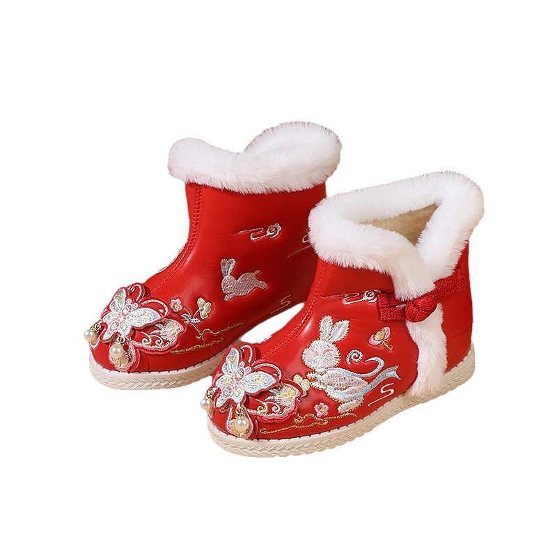Girls' Embroidered Shoes fleece-lined Cotton Shoes Children's Hanfu Shoes Chinese Style Children's Snow Boots Waterproof Ancient Coat Cotton Shoes Trendy