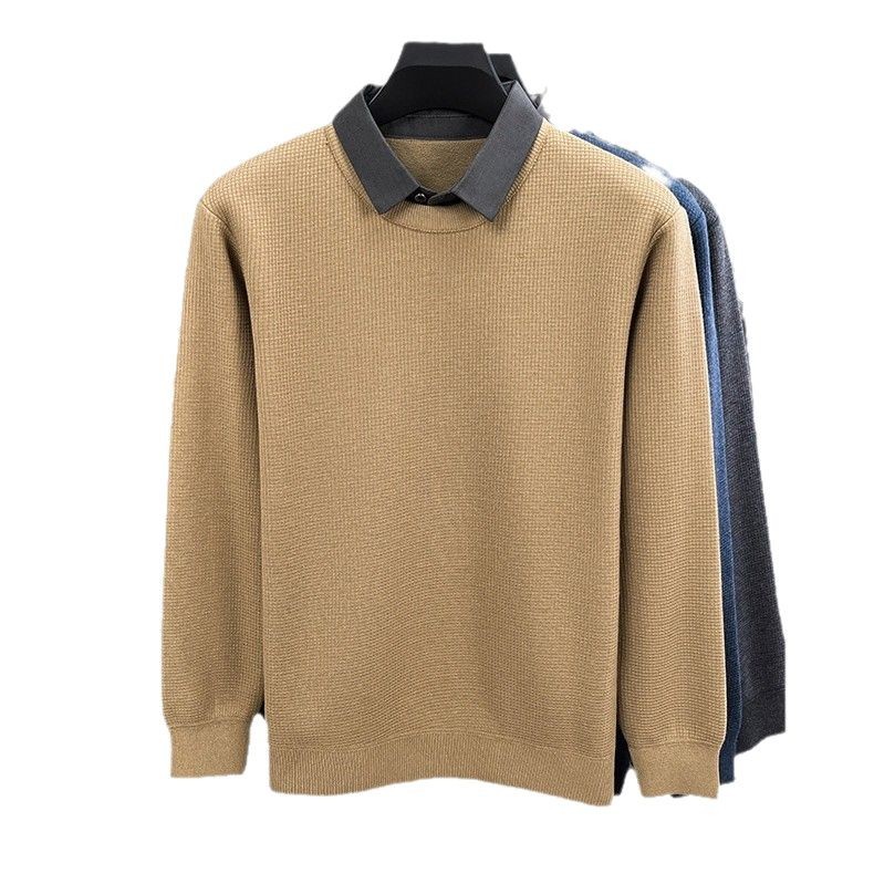 fleece-lined Men's Fake Two-piece Winter New Men's Sweater Lapel Fashionable Thickened Warm Long-sleeved All-match Sweater for Men