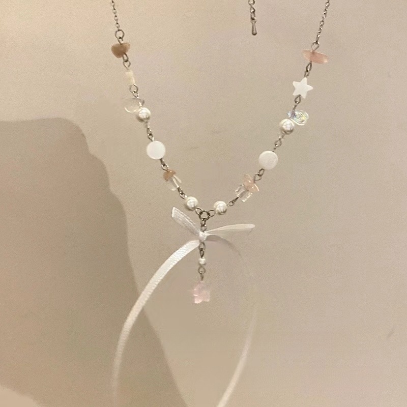 "Mianmeng Girl" Ballet Style Ribbon Bow Exquisite Dreamy Five-Pointed Star All Year Round Sweet Necklace New Style for Women