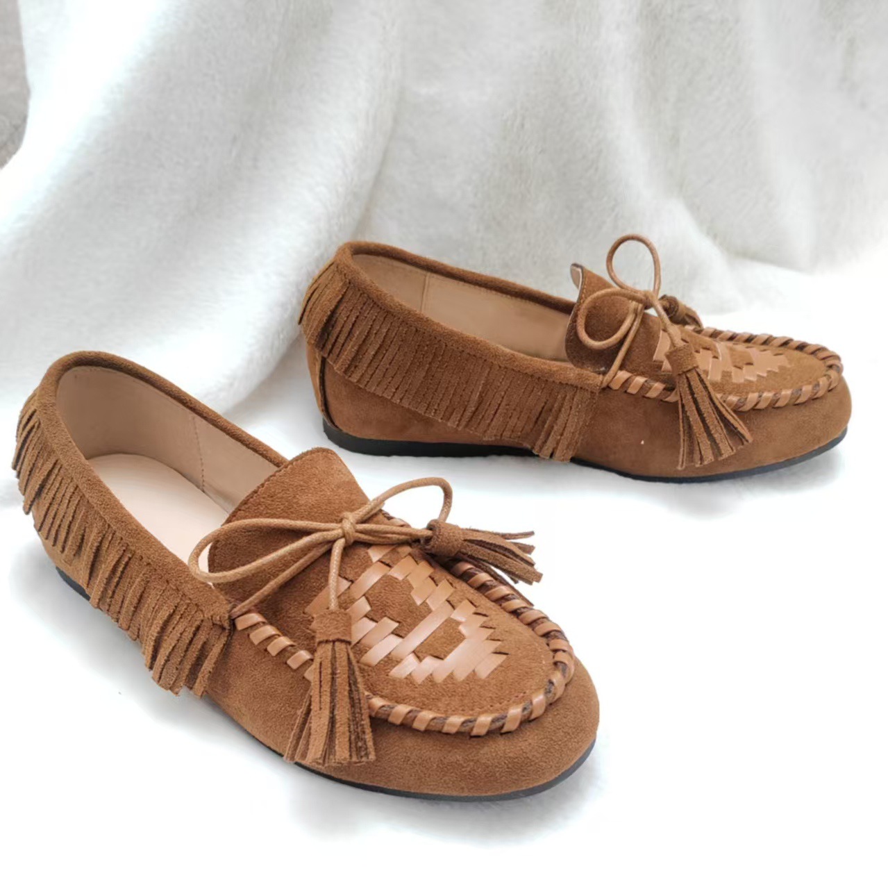 2025 Spring and Autumn New Style Suede Leather Boat Shoes Women's Flat Suzhou Bow Tassel Non-Slip Soft Sole Commuting Shoes