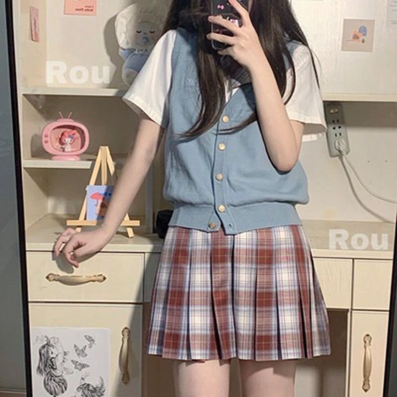 Japanese-Style College Knit Cardigan Sweater Vest for Women, School Style, Spring and Autumn Layering Versatile V-Neck Jk Solid Color Vest