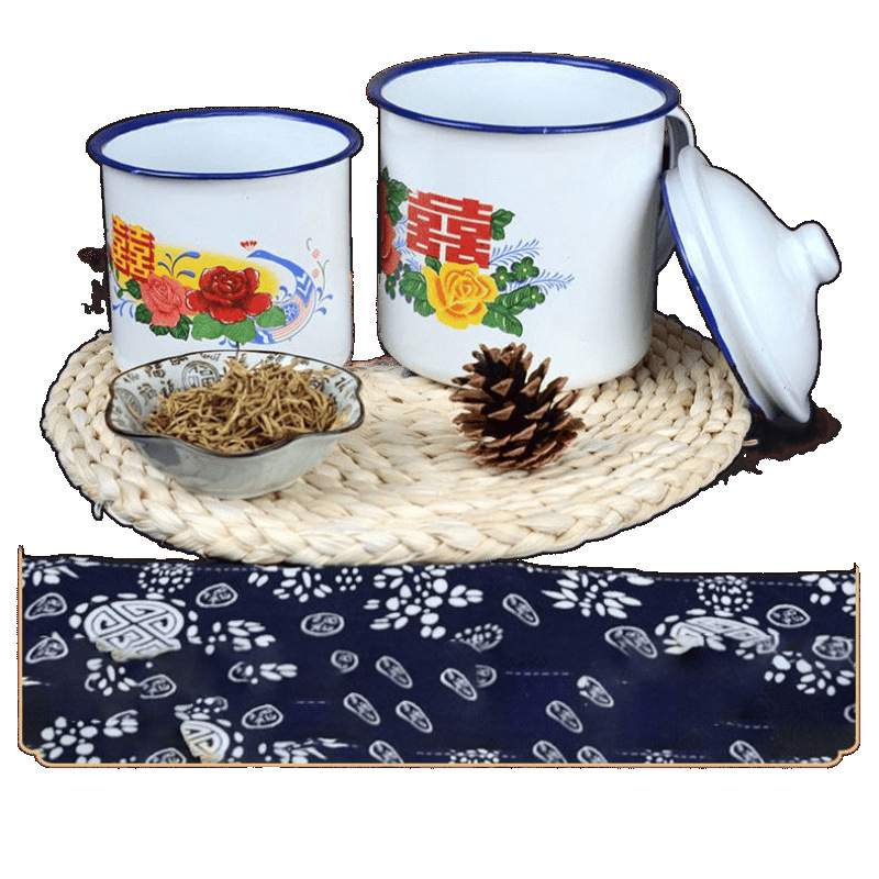 Classic Nostalgic Enamel Cup with Lid Tea Jar Large Old-Fashioned Office Double Happiness Hotel Wedding Flower Cup