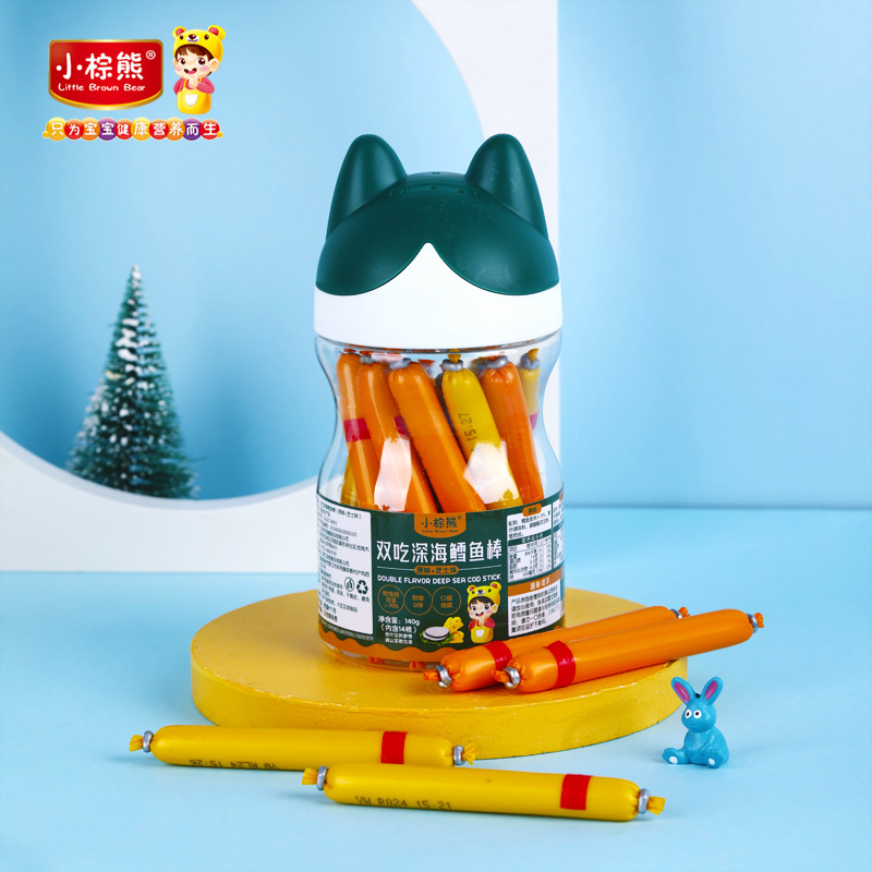 Little brown bear Hong Kong brand Double-eat deep sea cod sausage a can of two-flavor cod sticks 140g14 pieces