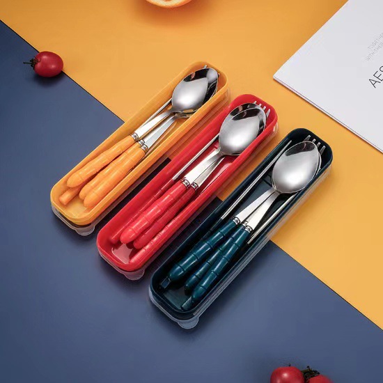 Stainless steel convenient tableware suit chopsticks fork chopsticks box outdoor student tableware Three-Piece Gift tableware suit