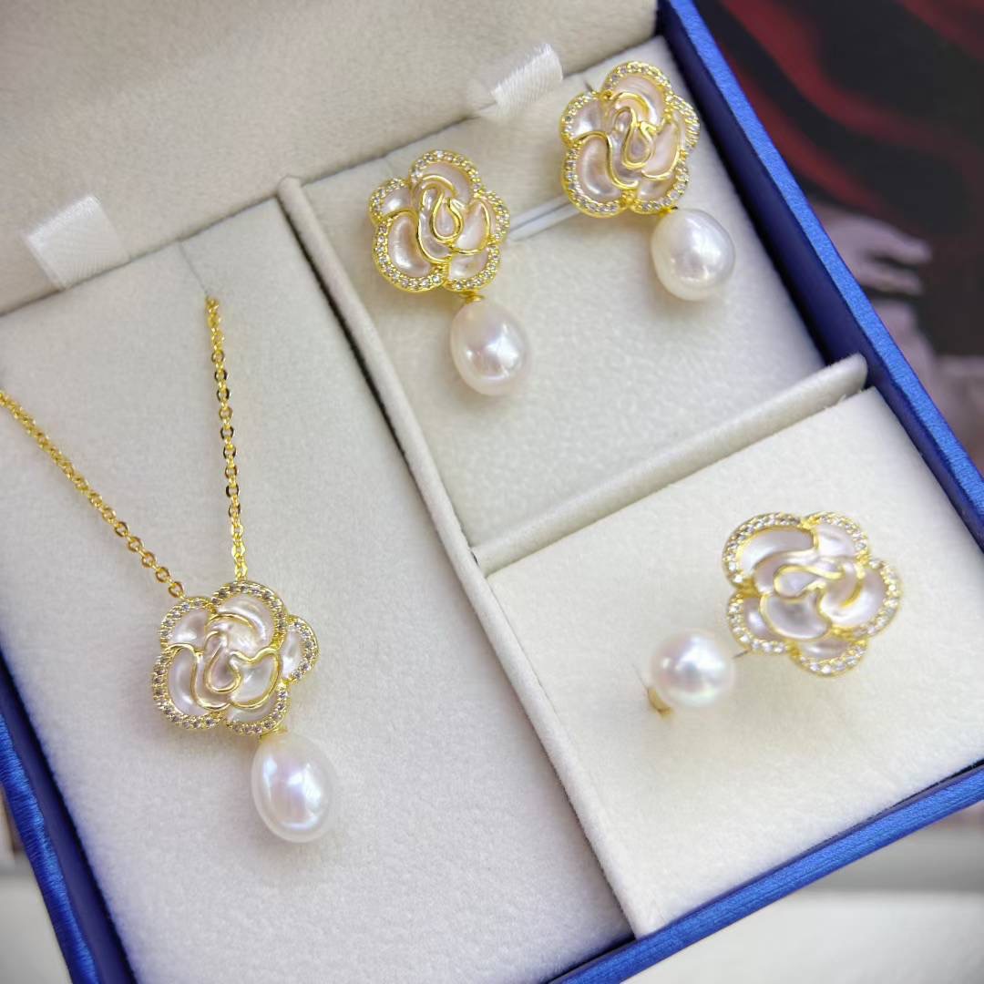 Camellia Freshwater Pearl Earrings 2025 Trendy Versatile Earrings Light Luxury Niche Stud Necklace Ring