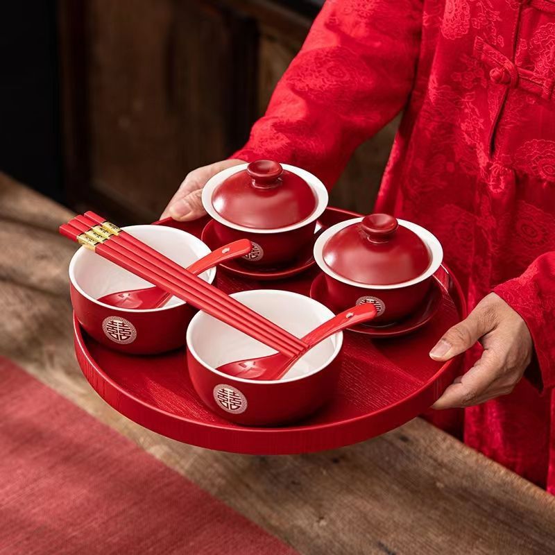 Wedding change to toast Cup a complete set of bowl chopsticks wedding bowl a full set of wedding Red Cover bowl happy cup tea cup wedding gift