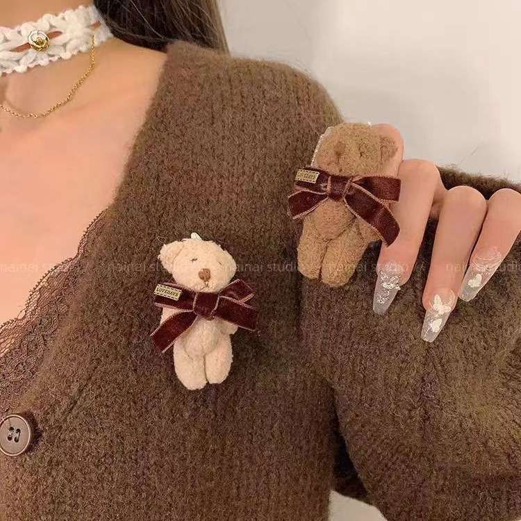 Брошь Медведь ~ домашняя плюшевая кукла с бархатным бантом, брошь для пальто, сумки, аксессуары, корсаж