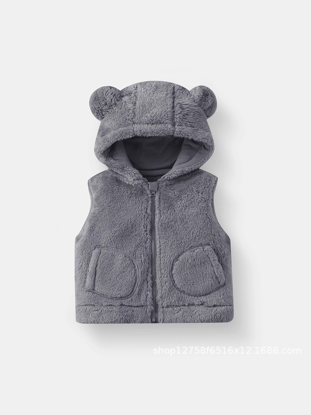 Children's Vest Autumn and Winter New Plush Hooded Zipper Half Bear Outer Wear Inner Wear Sleeveless Jacket Home Top