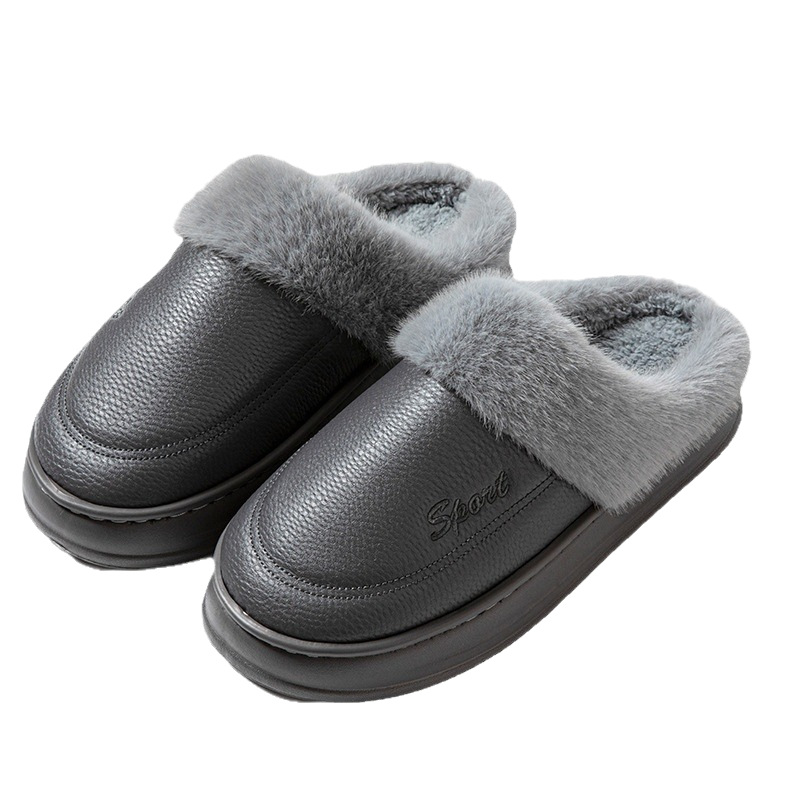 High-Quality Pu Leather Waterproof Extra-Large Size Autumn and Winter Men's Warm Eva Thick-Soled Cotton Shoes Plus Size Non-Slip Cotton Slippers