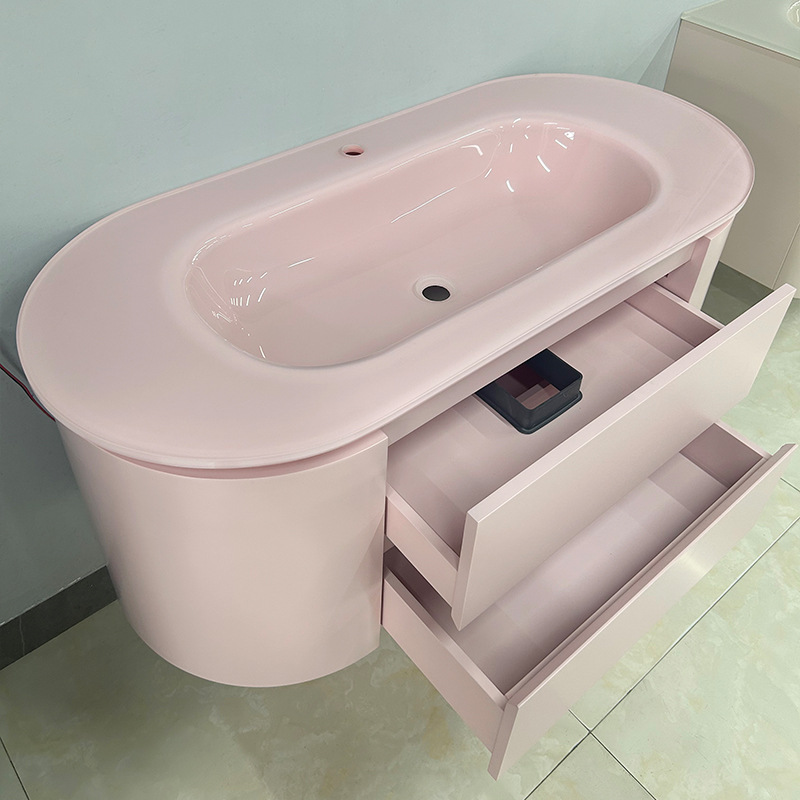 Bowiya Pink Bathroom Cabinet Mirror Cabinet Combination Customized Solid Wood Washbasin Tempered Glass Integrated Basin Bathroom Cabinet