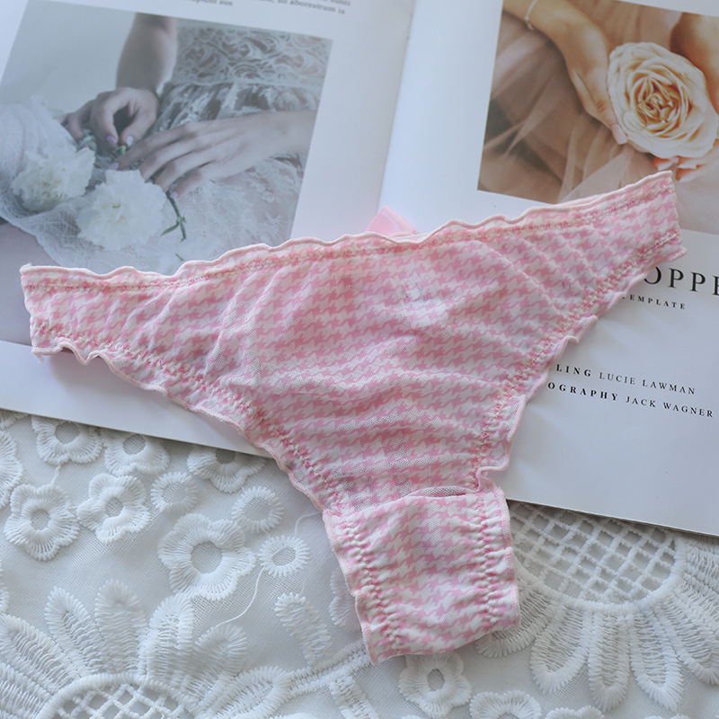 A431 mesh pearl thong girl cute hollow bow low waist panties sexy sweet leopard print